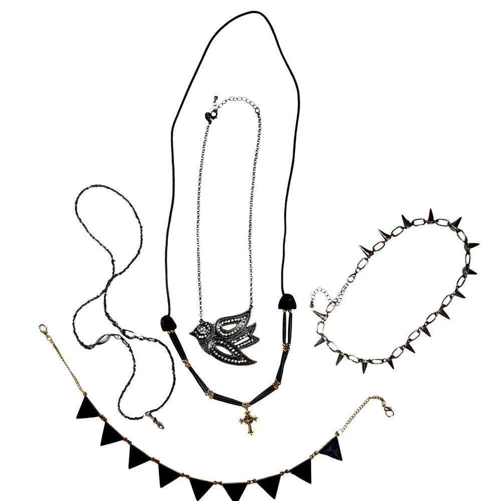 Whimsygoth Necklace Set Lot Of 6 Emo Goth Black Silver Spikes Beads Swallow Bird